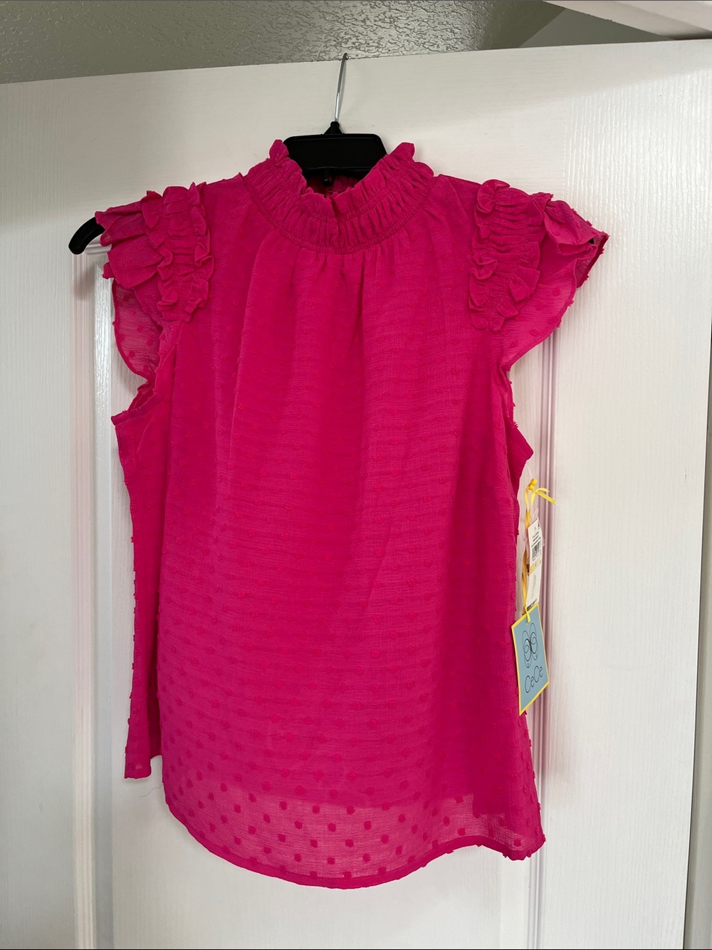 CeCe Sleeveless Ruffled Mock Neck Blouse - Fuchsia
